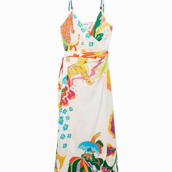 NEW DESIGUAL womens JUNGLE DESIGN WRAP MIDI DRESS Size S - Picture 3 of 8